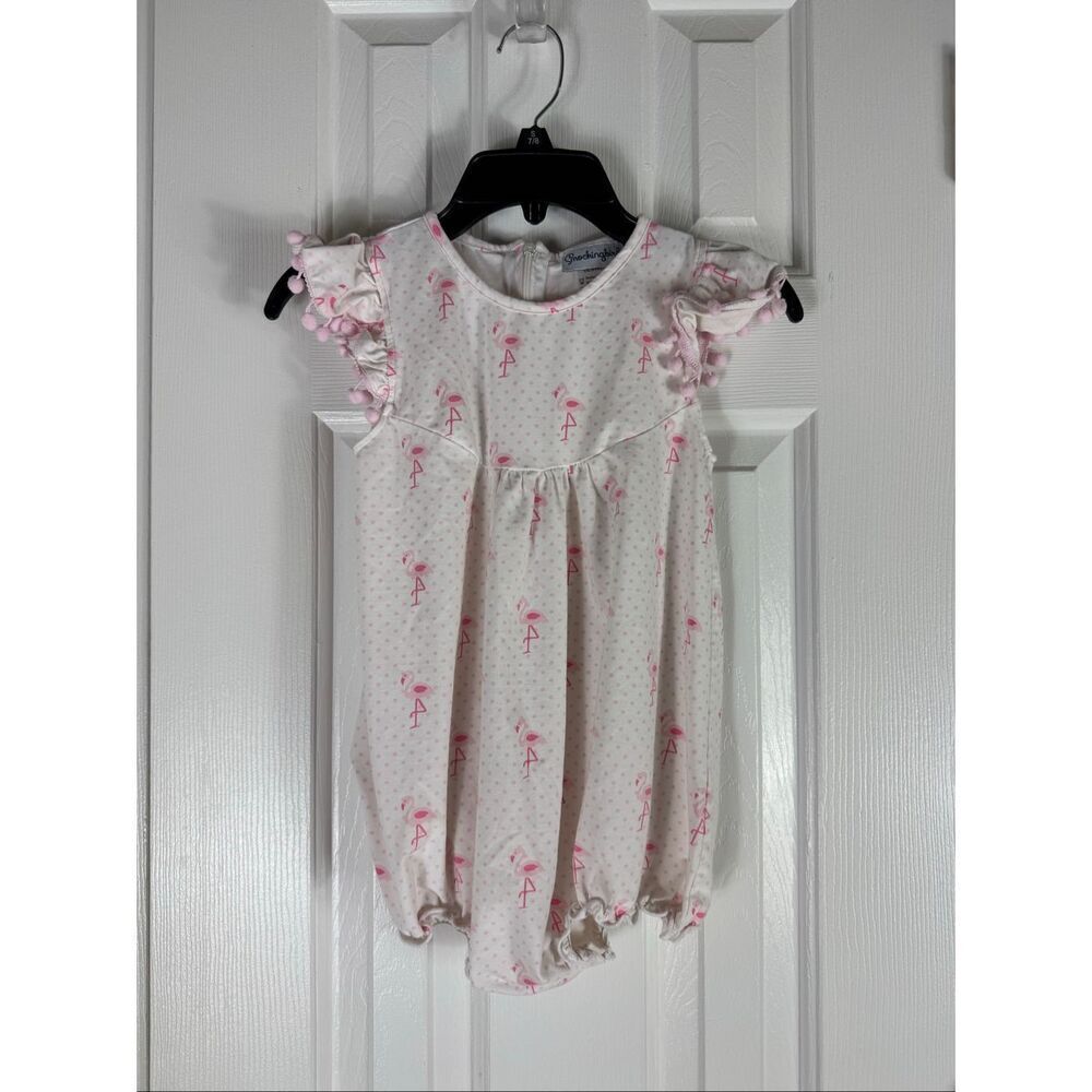 Smockingbird Girls Flamingo Print Pom Pom Bubble Romper Size 3
